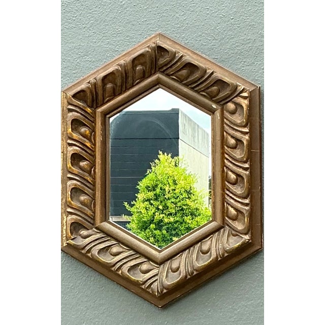 Vintage Italian Hexagonal Carved Wood Mirror For Sale - Image 4 of 12