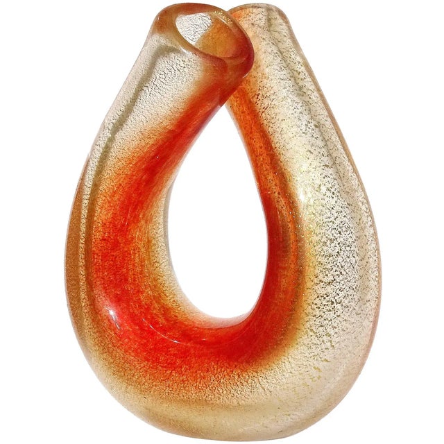 Seguso Murano Vintage Red Orange Gold Flecks Italian Art Glass Double Mouth Tube Flower Vase For Sale - Image 13 of 13