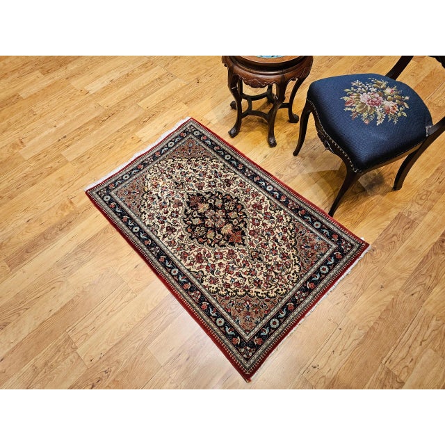 Persian Vintage Persian Isfahan Area Rug, Handwoven Floral Pattern, Ivory & Navy, 3’ X 4’ For Sale - Image 3 of 12