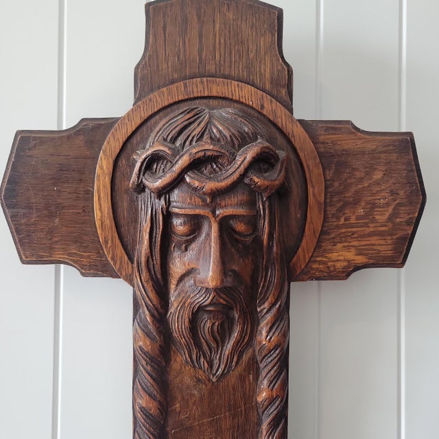 Brown Antique Art Deco Hand Carved Oak Crucifix Face of Jesus Wall Cross 25" Tall For Sale - Image 8 of 18