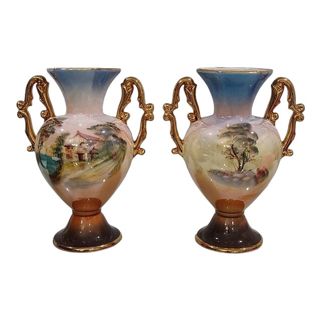 Pair of Vintage Italian Porcelain Amphora-Style Vases For Sale