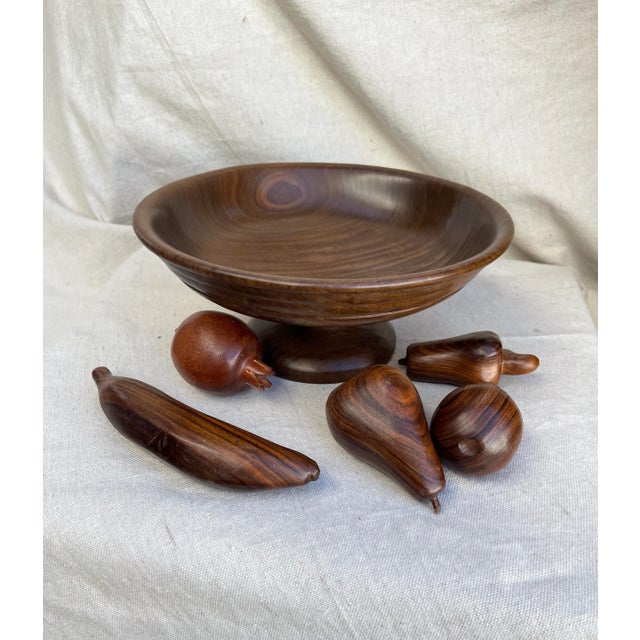 Vintage Dark Brown Wood Fruit Bowl w/Wood Fruit. Includes a banana, pear, fig, pomegranate and strawberry, 5 total. Great...