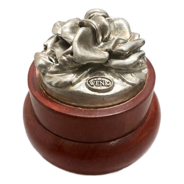 Mid-Century Modern Turned Wood Decorative Box with 800 Silver Rose Lid by Wenk, 1950s For Sale