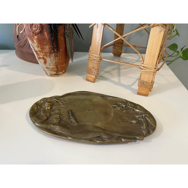 1920s Antique Woman Pin Card Bronze Art Deco Art Nouveau Dish Tray Catchall For Sale - Image 5 of 6