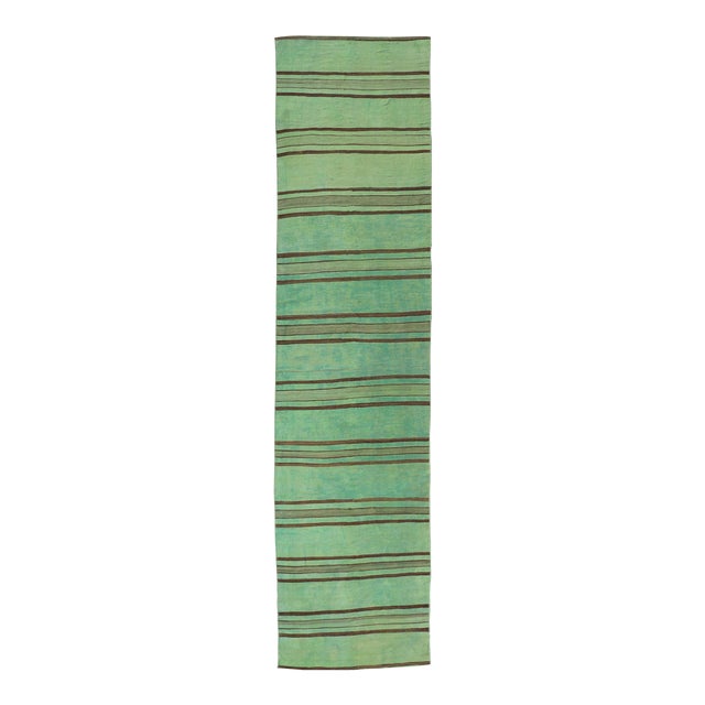 Vintage Turkish Stripe Kilim Runner With Green and Brown Colors 2'8 X 12'1 For Sale
