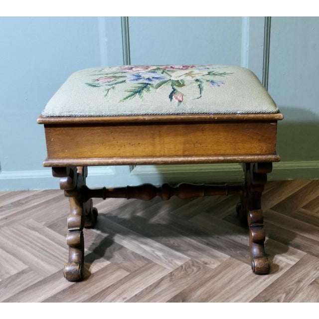 Early Victorian Sewing Box, X Frame Embroidered Foot Stool This is a Victorian piece, it is made in walnut and is covered...