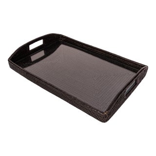 Artifacts Rattan Rectangular Tray with Glass Insert in Tudor Black - 21" For Sale