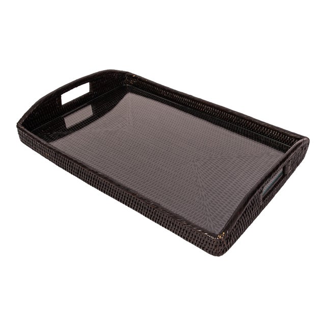 Artifacts Rattan Rectangular Tray with Glass Insert in Tudor Black - 21" For Sale