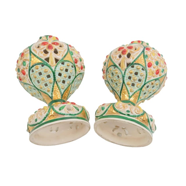 Antique Italian Polychrome and Gilt Embossed Reticulated Majolica Jewel Urns - a Pair For Sale - Image 12 of 13