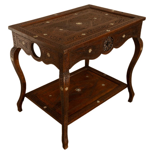 Islamic Antique Islamic Moorish Arab Mother-of-Pearl Inlaid & Carved Table Damascus 1890 For Sale - Image 3 of 12