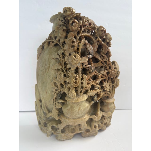 Chinese Mid 20th Century Chinese-Style Carved Soapstone Vase With Birds & Flowers For Sale - Image 3 of 12