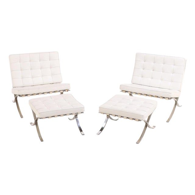 Pair of Attributed Knoll International Barcelona Chairs With Matching Ottomans, C. 1988. For Sale