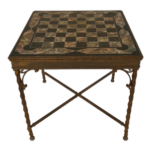 Antique Marble Wrought Iron Chess Table