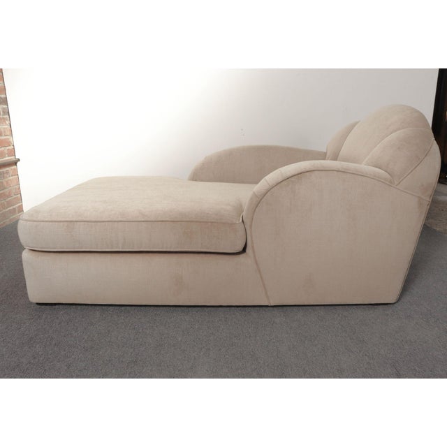 Wood Vintage Art Deco-Style Chaise Lounge in Taupe Chenille With Ebonized Plinth Feet For Sale - Image 7 of 18