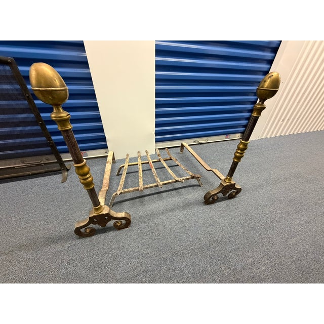 Metal Antique Brass & Iron Andirons With Fire Grate – Decorative Fireplace Set For Sale - Image 7 of 7