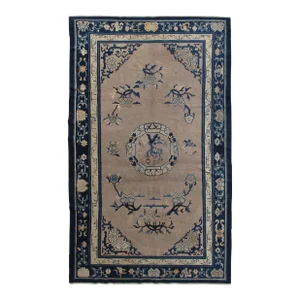 Antique Chinese Rug, Tan and Blue Oriental Handmade Wool Rug