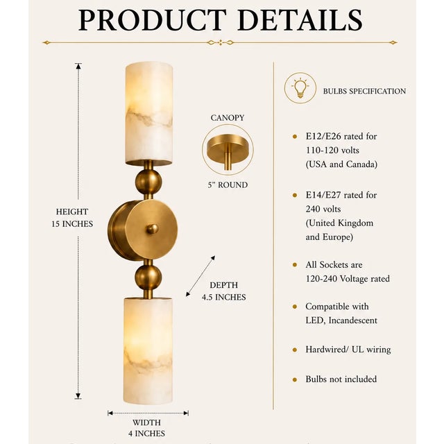 Alabaster Brass Double Wall Sconce With Natural Alabaster Shades, Contemporary Double Wall Sconce, Natural Stone Lighting for Bedroom & Hallway For Sale - Image 8 of 9