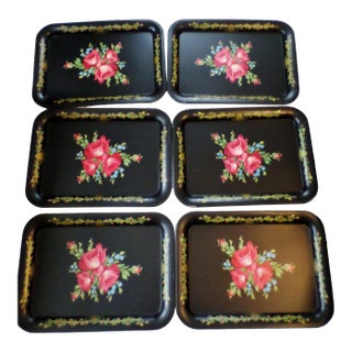 Vintage 1950s Toleware Black With Red Roses Trays - Set of 6 For Sale