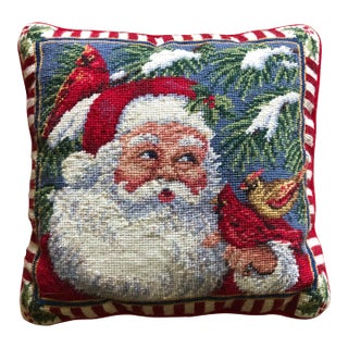 Vintage Santa With Birds Needlepoint Pillow For Sale