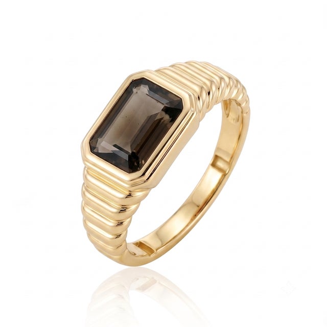 Contemporary Natural Smoky Quartz Ring | 18k Gold Plated Ribbed Signet Ring | Bezel Set Horizontal Gemstone Ring Us 7 For Sale - Image 3 of 3