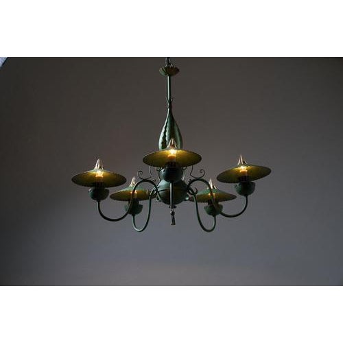 Metal Green Chandelier with Shades, Italy, 1940s For Sale - Image 7 of 16