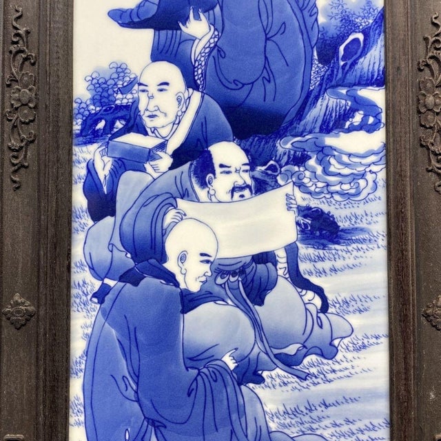 Wood Monumental Set of 4 Antique Chinese Rosewood & Blue-and-White Porcelain Plaques Featuring the 18 Arhats For Sale - Image 7 of 10