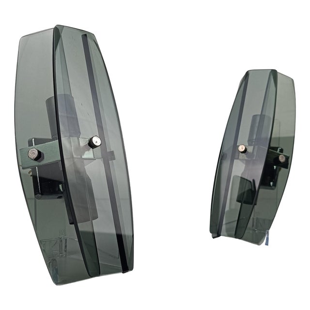 Sconces in Chrome and Smoked Green Glass from Veca, 1970s, Set of 2 For Sale