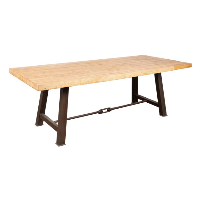 Reclaimed Bowling Lane Wood Top Industrial Dining or Work Table For Sale