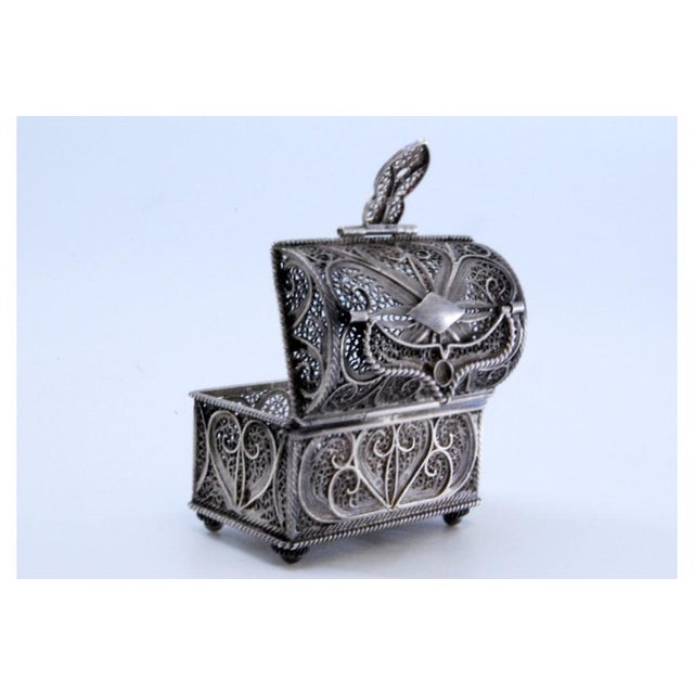 Metal Small Silver Filigree Jewelry Box For Sale - Image 7 of 9