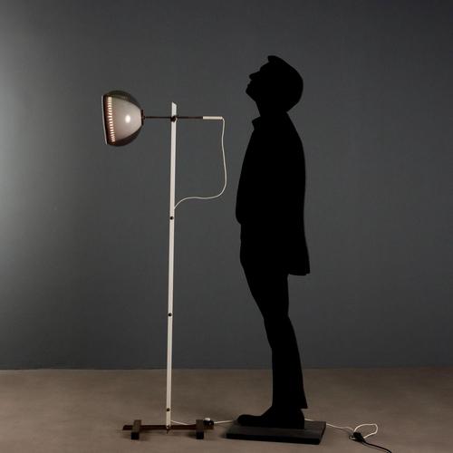 Vintage floor lamp with a tiltable brass and white enameled metal structure, and an adjustable aluminum and methacrylate...