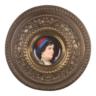 Antique 19th Century German Porcelain Plate Hand Painted Portrait Brass Repoussé Wall Charger Frame For Sale