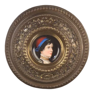 Antique 19th Century German Porcelain Plate Hand Painted Portrait Brass Repoussé Wall Charger Frame