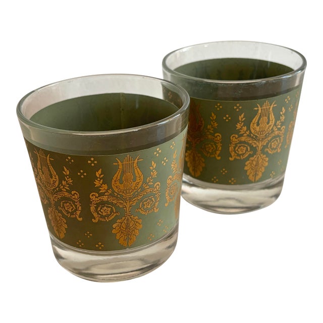 1950s Midcentury Laurel & Lyre Green and Gold Barware Rocks Glasses, Set of 2 For Sale