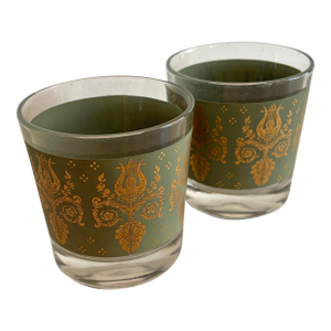 1950s Midcentury Laurel & Lyre Green and Gold Barware Rocks Glasses, Set of 2