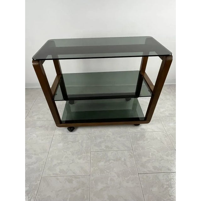 Brown Cart in Wood and Glass Smoke with Wheels, Italy, 1980s For Sale - Image 8 of 10