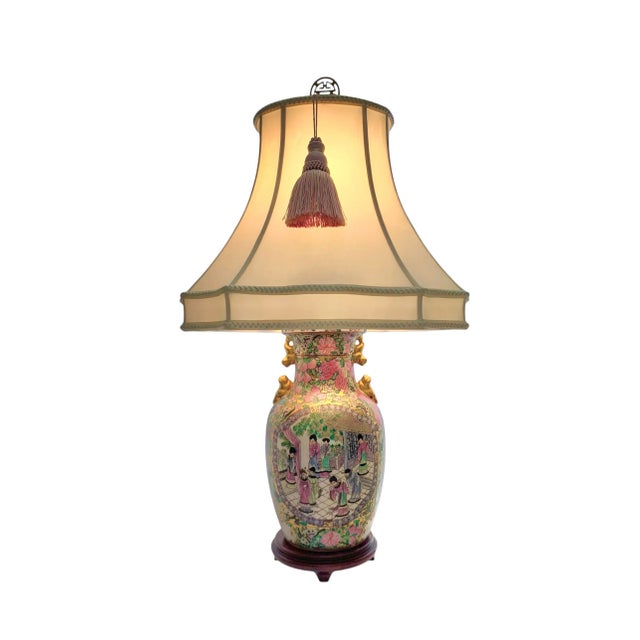 Late 20th Century Porcelain Lamp Rose Medallion Design Vintage Asian Style With Silk Shade and Tassel For Sale - Image 9 of 9