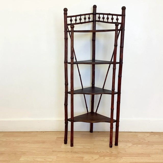 1960s British Colonial Ball and Stick Scorched Bamboo Corner Etagere in Burnt Mahogany. For Sale - Image 10 of 12