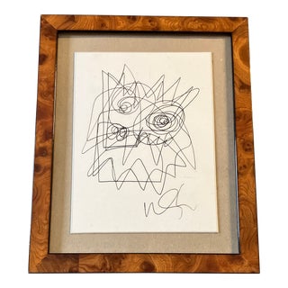 1980’s Original Wayne Cunningham Abstract Ink Drawing Burled Wood Tabletop Frame For Sale