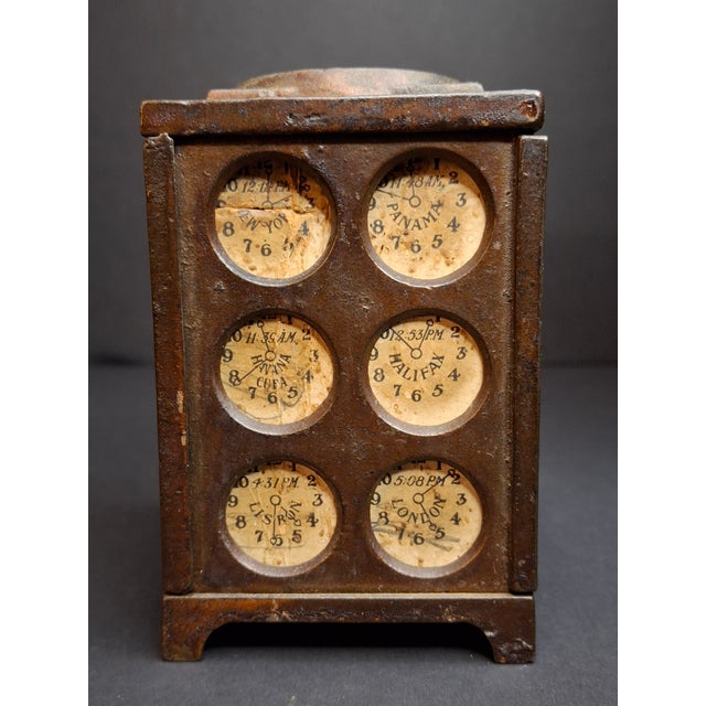 1910s Antique Arcade Cast Iron World Times Clock Still Bank Original Paper Insert C. 1910 For Sale - Image 5 of 15