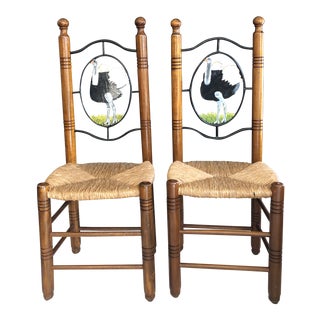 Vintage Folk Art Ostrich Design Chairs With Rush Seats - a Pair For Sale