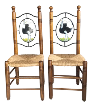 Vintage Folk Art Ostrich Design Chairs With Rush Seats - a Pair