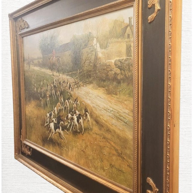Black 1980s Grand Manor ​Traditional Equestrian Fox Hunt Scene Black Gold Ornate Framed Oil Painting For Sale - Image 8 of 10