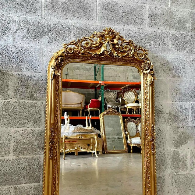 Baroque Ornate French Baroque Floor Mirror With Hand-Gilded Gold Leaf Frame & Cherub Details For Sale - Image 3 of 9