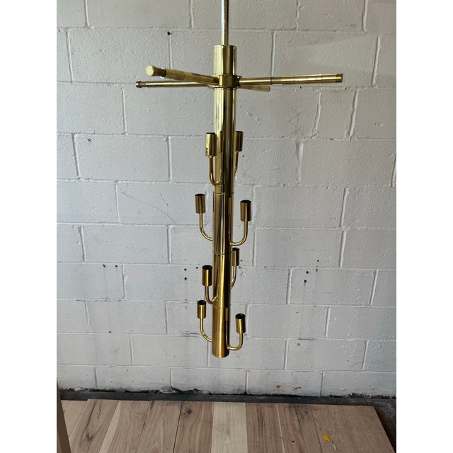 1970s Modernist Graduated Beveled Glass Chandelier With Brass Accents, 16 Panels For Sale - Image 10 of 10