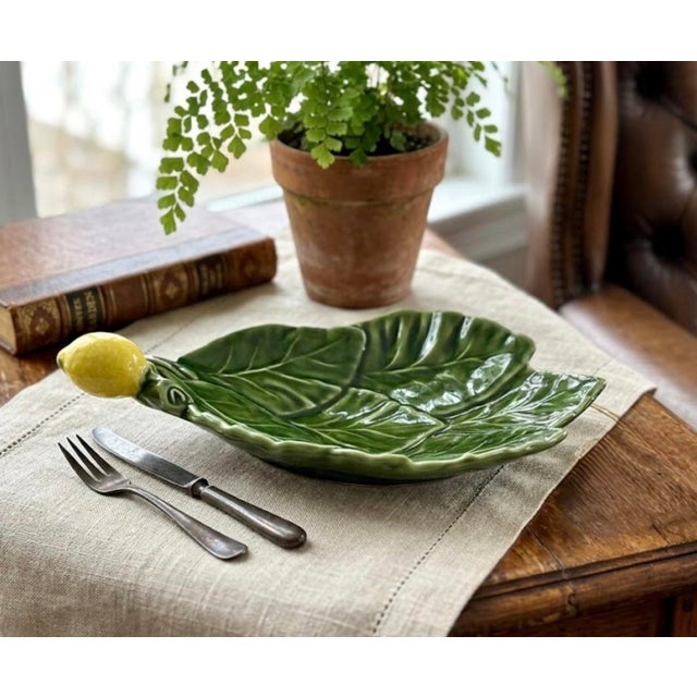 Late 20th Century Vintage Portuguese Majolica Style Lemon Leaf Dish by Olfaire – French Country Green Glazed Ceramic Catchall For Sale - Image 5 of 12