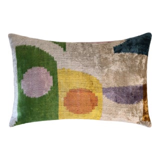 Green Yellow and Lilac Abstract Silk Velvet Pillow 16x24 Handmade Luxury Cushion For Sale
