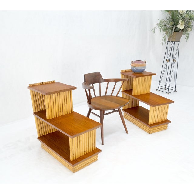 Pair of Restored 1950s Solid Mahogany & Bamboo Reed Step End Side Tables Stands For Sale - Image 12 of 12