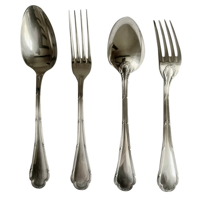 Vintage French Silver-Plated Dinner Spoons and Forks with Cross Border Bands from Ercuis, 1935, Set of 22 For Sale