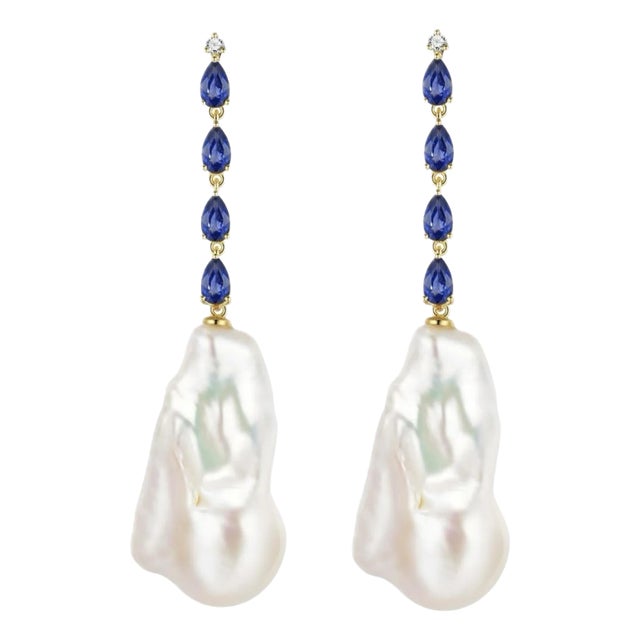 Nina Zhou Sapphire Diamond & Baroque Pearl Convertible Drop Earrings in 14k Yellow Gold - A Pair For Sale