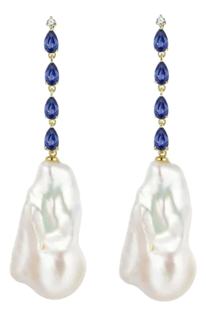Nina Zhou Sapphire Diamond & Baroque Pearl Convertible Drop Earrings in 14k Yellow Gold - A Pair
